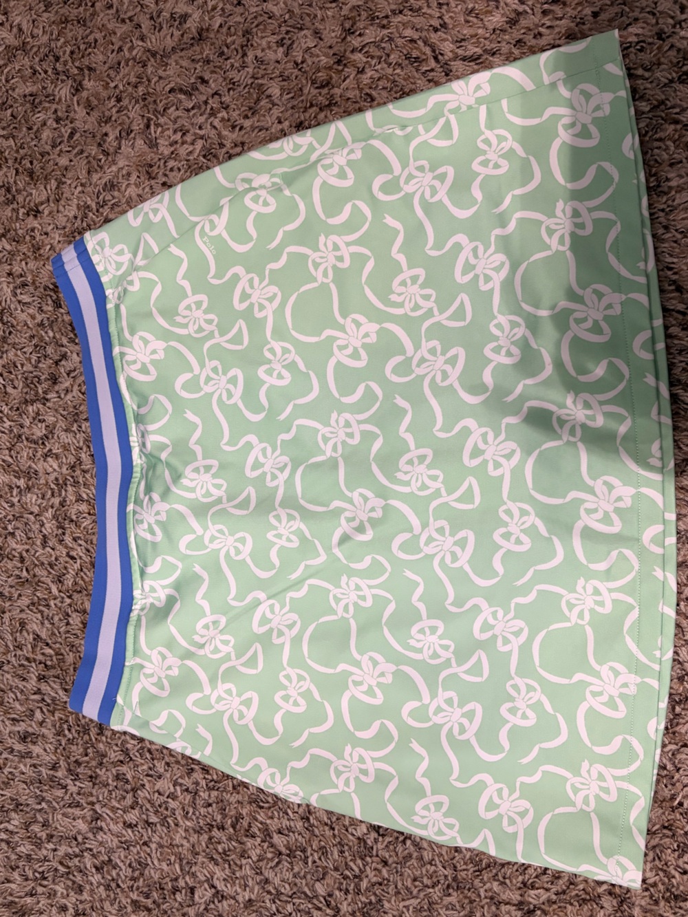 Ralph Lauren Mint Green Mini Skirt with White Ribbon Print and Blue Waistband